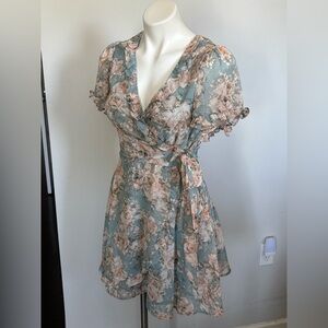 Blue Rain Sage Green Floral Wrap Mini Dress with Blush Flowers